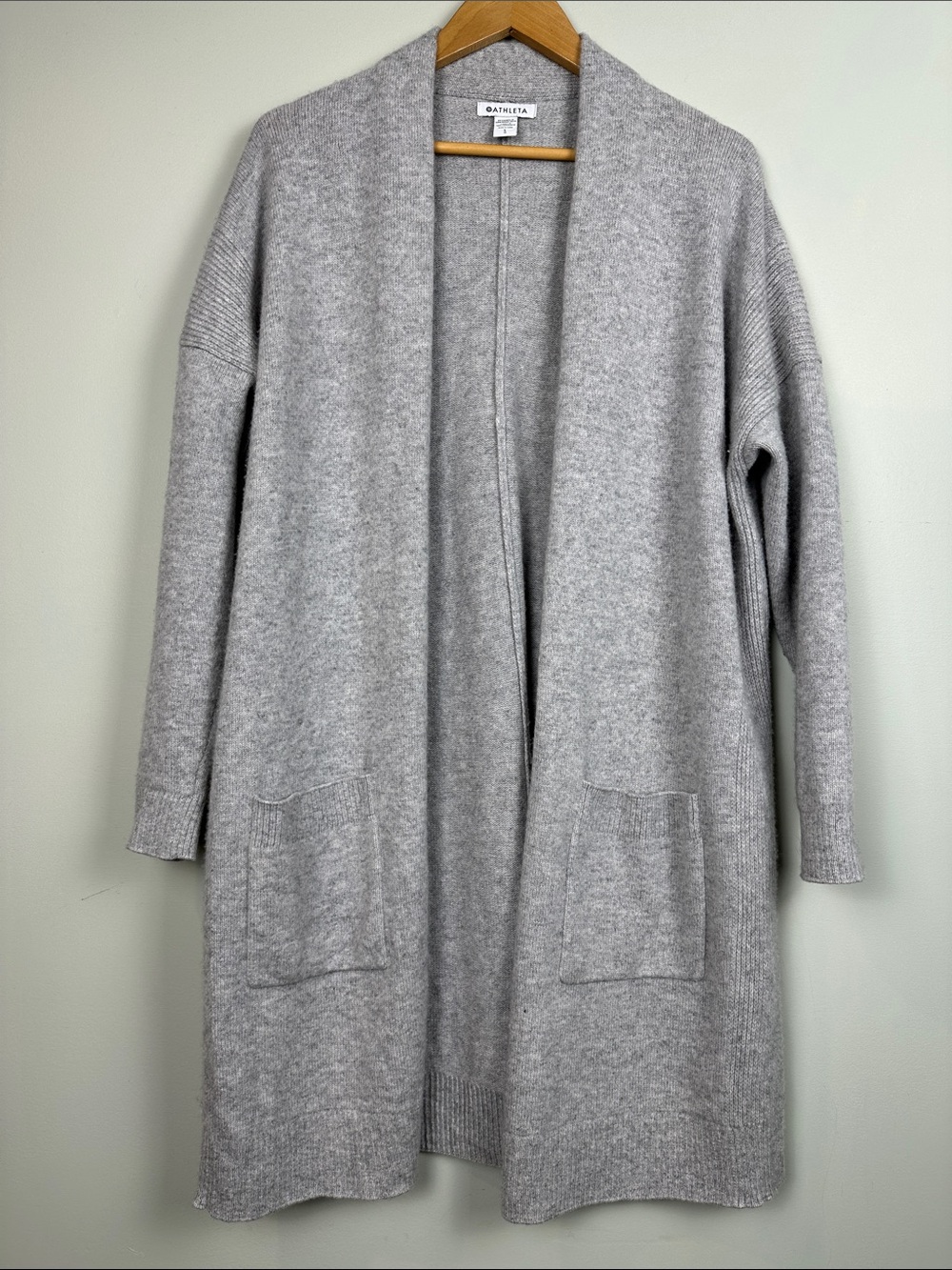185. Athleta wool cashmere, long cardigan, gray quiet luxury.